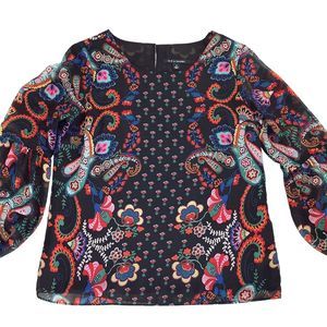 Zac & Rachel Long Sleeve Chiffon Blouse Top Women's S Black Multicolor Loose Fit